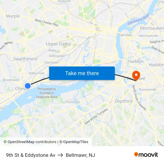 9th St & Eddystone Av to Bellmawr, NJ map