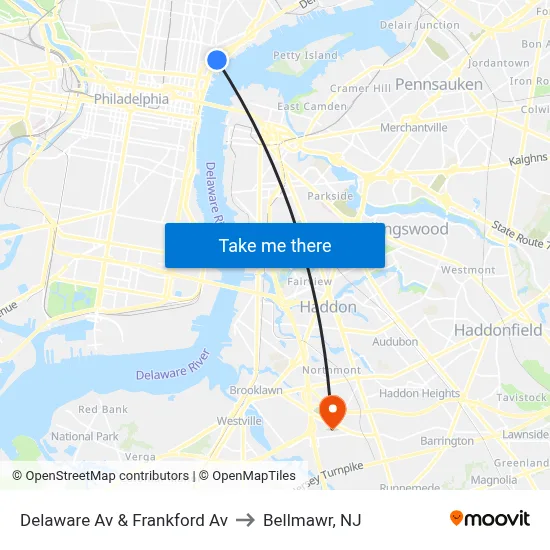 Delaware Av & Frankford Av to Bellmawr, NJ map