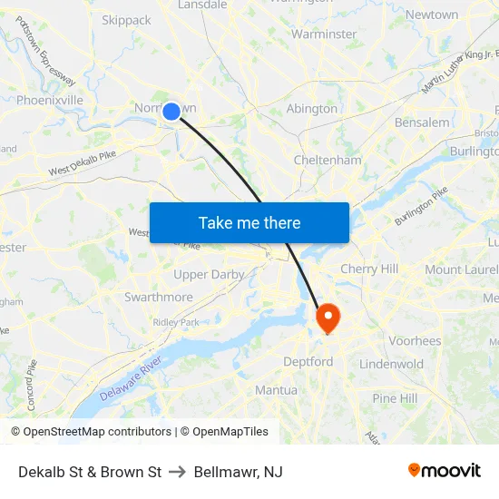 Dekalb St & Brown St to Bellmawr, NJ map