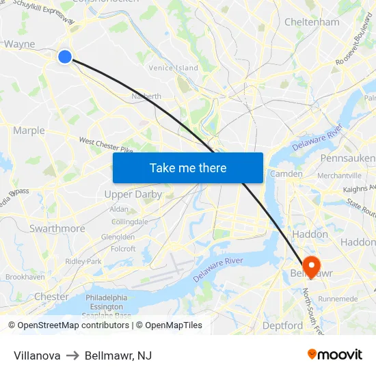 Villanova to Bellmawr, NJ map