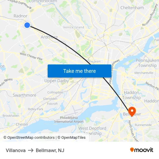 Villanova to Bellmawr, NJ map