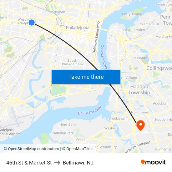 46th St & Market St to Bellmawr, NJ map