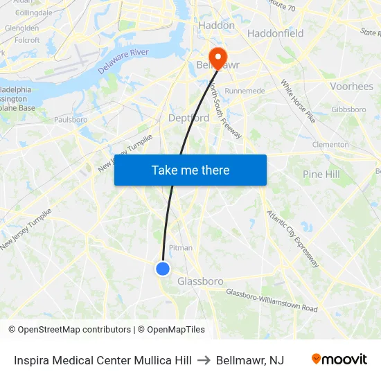 Inspira Medical Center Mullica Hill to Bellmawr, NJ map