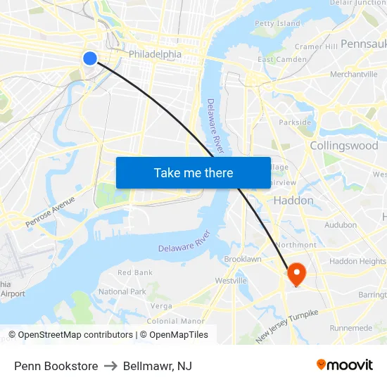 Penn Bookstore to Bellmawr, NJ map