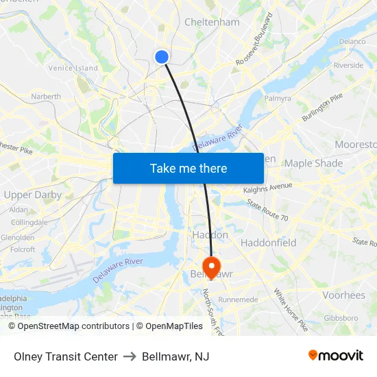 Olney Transit Center to Bellmawr, NJ map
