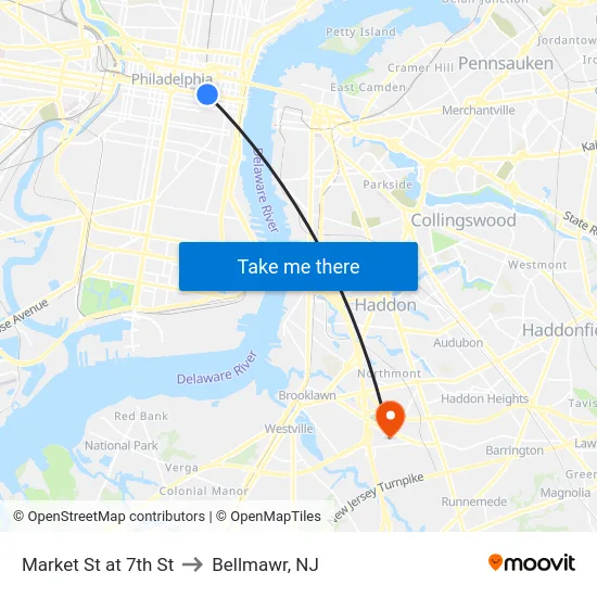 Market St at 7th St to Bellmawr, NJ map