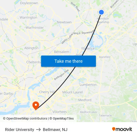 Rider University to Bellmawr, NJ map