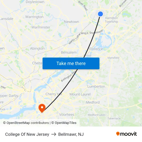 College Of New Jersey to Bellmawr, NJ map