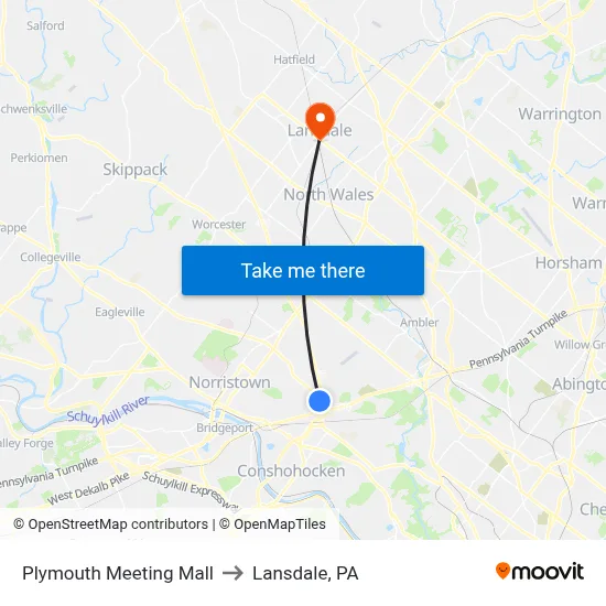 Plymouth Meeting Mall to Lansdale, PA map