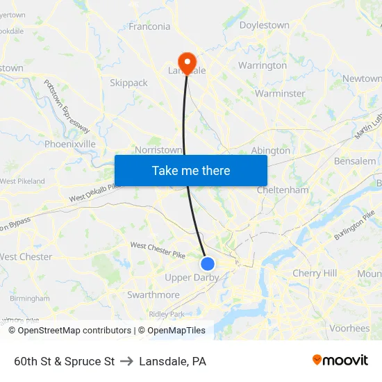 60th St & Spruce St to Lansdale, PA map