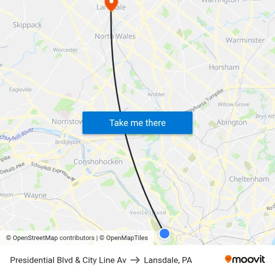 Presidential Blvd & City Line Av to Lansdale, PA map