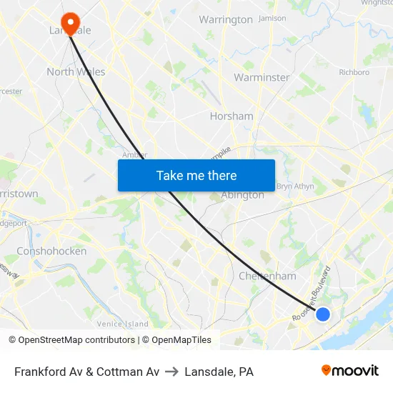 Frankford Av & Cottman Av to Lansdale, PA map