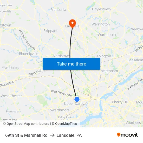 69th St & Marshall Rd to Lansdale, PA map