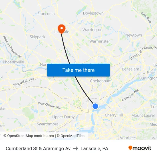 Cumberland St & Aramingo Av to Lansdale, PA map