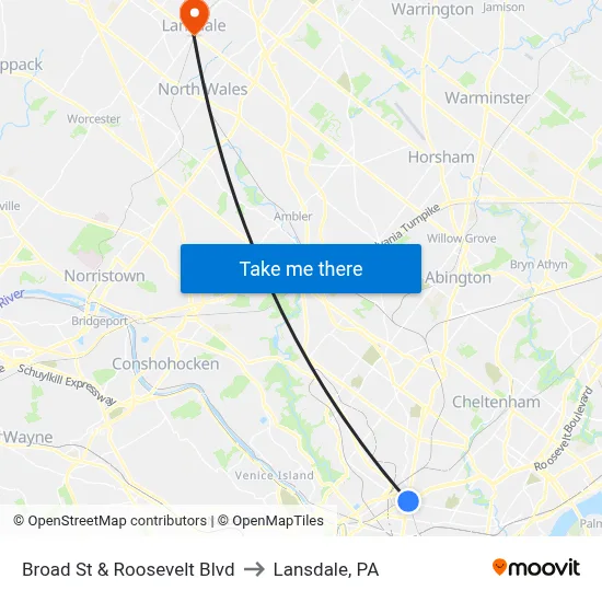 Broad St & Roosevelt Blvd to Lansdale, PA map
