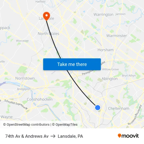 74th Av & Andrews Av to Lansdale, PA map