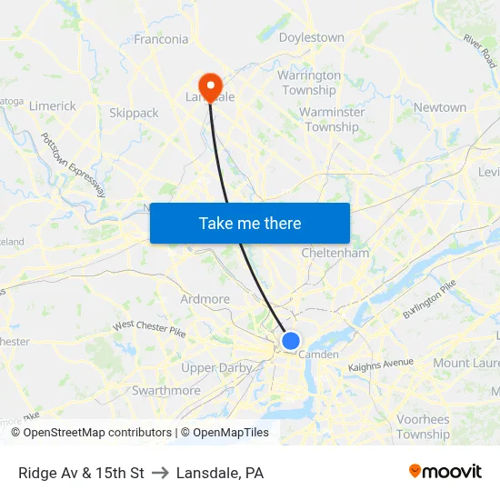 Ridge Av & 15th St to Lansdale, PA map