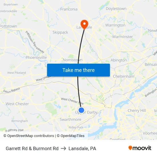 Garrett Rd & Burmont Rd to Lansdale, PA map