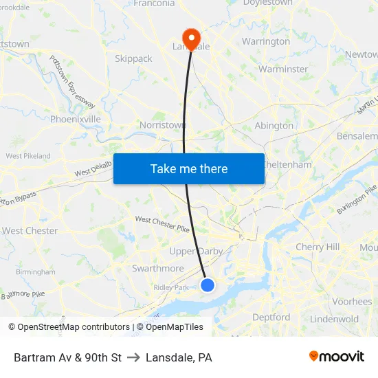 Bartram Av & 90th St to Lansdale, PA map