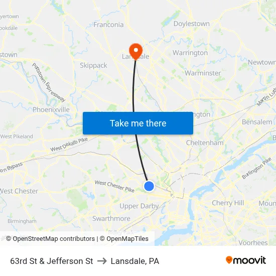 63rd St & Jefferson St to Lansdale, PA map