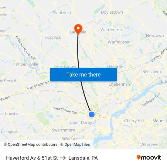 Haverford Av & 51st St to Lansdale, PA map