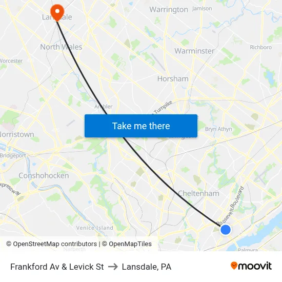 Frankford Av & Levick St to Lansdale, PA map