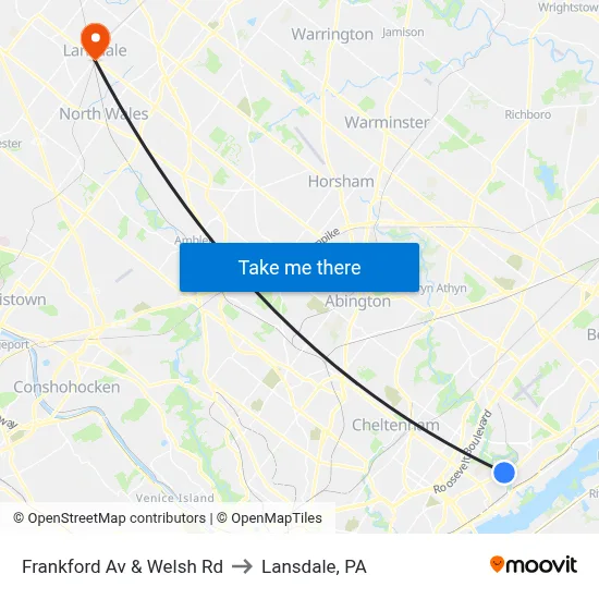 Frankford Av & Welsh Rd to Lansdale, PA map