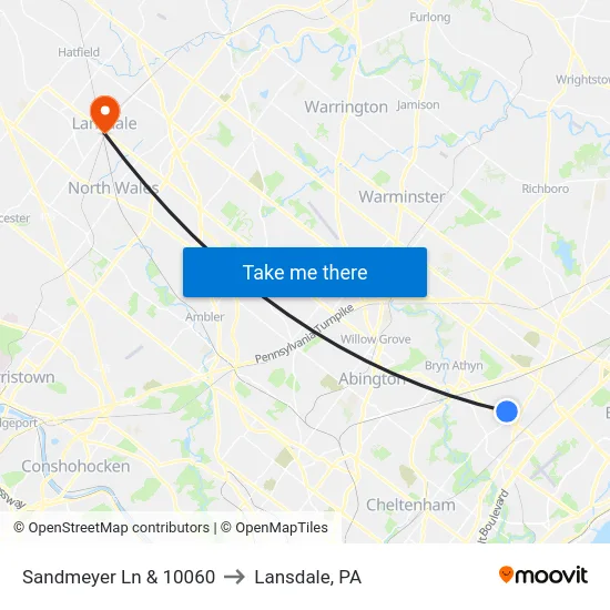 Sandmeyer Ln & 10060 to Lansdale, PA map