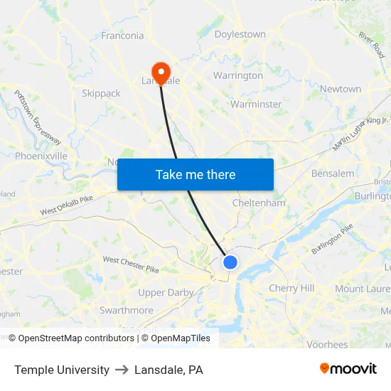Temple University to Lansdale, PA map