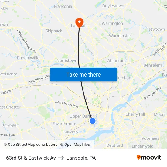 63rd St & Eastwick Av to Lansdale, PA map