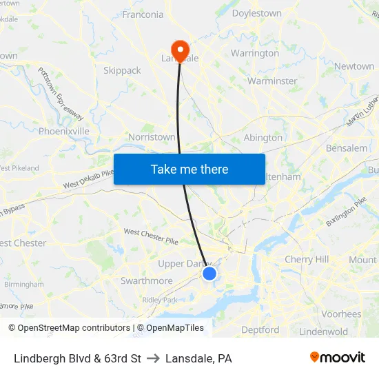 Lindbergh Blvd & 63rd St to Lansdale, PA map