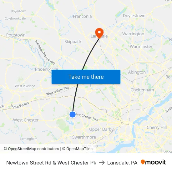 Newtown Street Rd & West Chester Pk to Lansdale, PA map