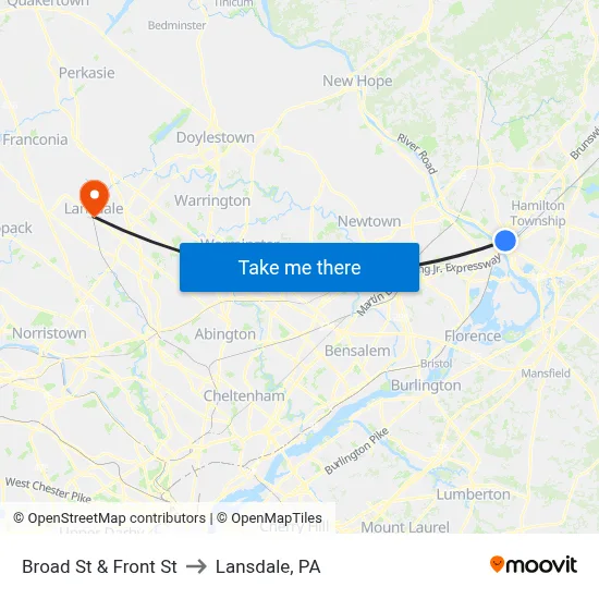 Broad St & Front St to Lansdale, PA map