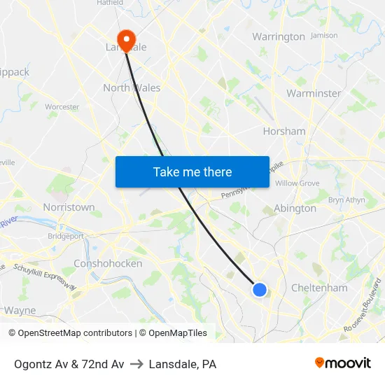 Ogontz Av & 72nd Av to Lansdale, PA map