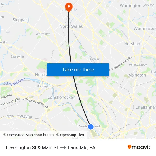 Leverington St & Main St to Lansdale, PA map
