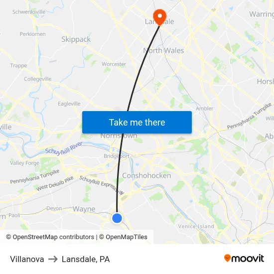 Villanova to Lansdale, PA map