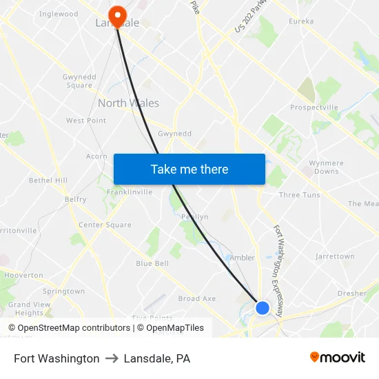 Fort Washington to Lansdale, PA map