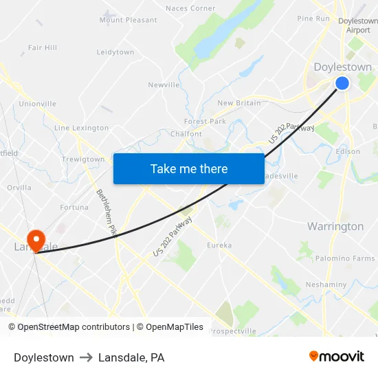 Doylestown to Lansdale, PA map