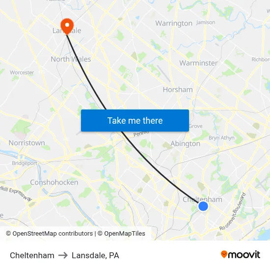 Cheltenham to Lansdale, PA map