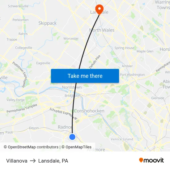 Villanova to Lansdale, PA map