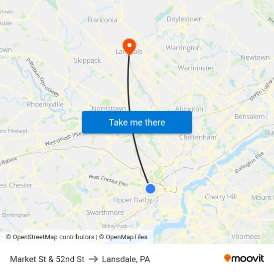 Market St & 52nd St to Lansdale, PA map