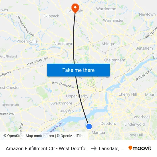 Amazon Fulfillment Ctr - West Deptford to Lansdale, PA map