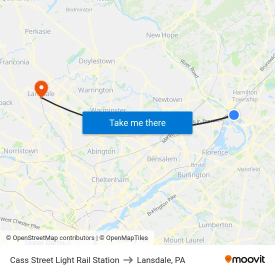 Cass Street Light Rail Station to Lansdale, PA map