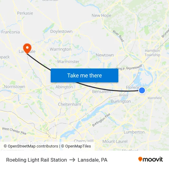 Roebling Light Rail Station to Lansdale, PA map