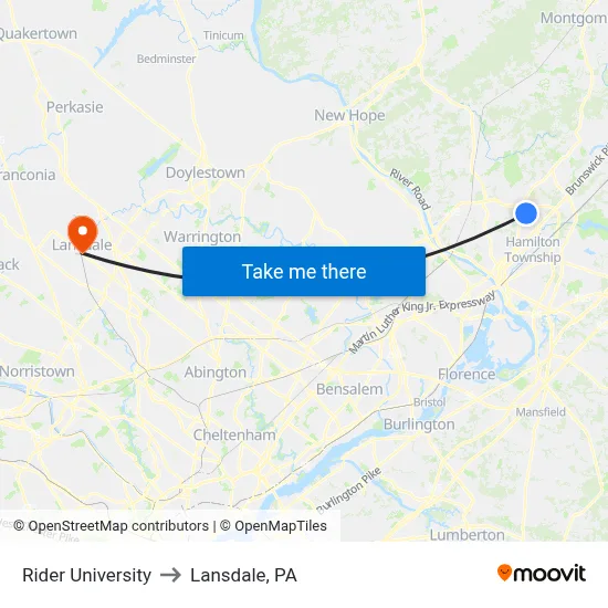 Rider University to Lansdale, PA map