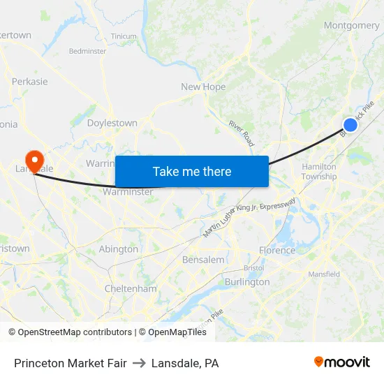 Princeton Market Fair to Lansdale, PA map