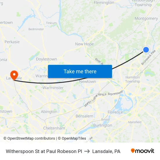 Witherspoon St at Paul Robeson Pl to Lansdale, PA map