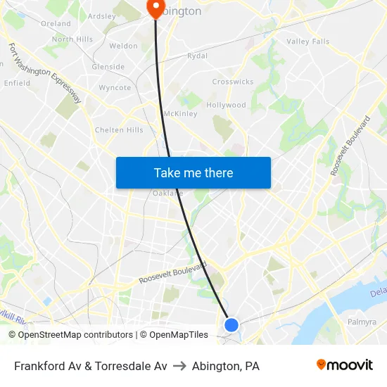 Frankford Av & Torresdale Av to Abington, PA map