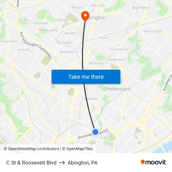 C St & Roosevelt Blvd to Abington, PA map