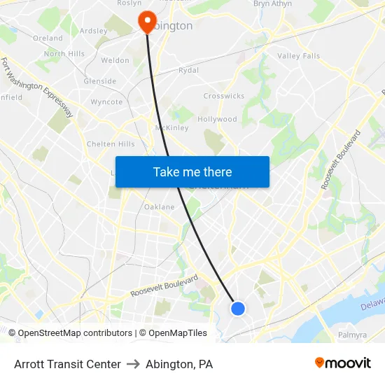 Arrott Transit Center to Abington, PA map